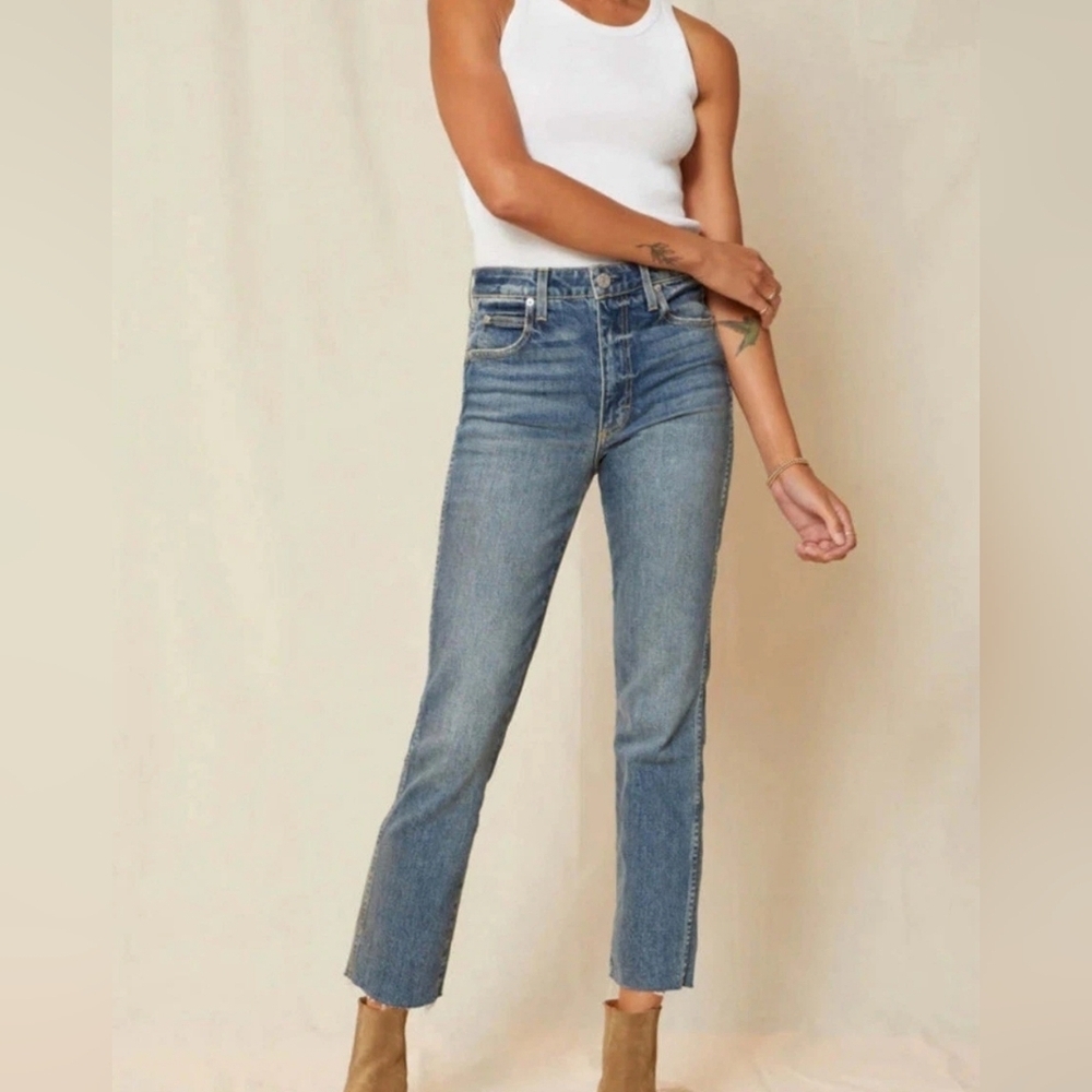 AMO Denim Chloe Crop Raw Hem Straight Leg Jeans In Kismet Sz 31
